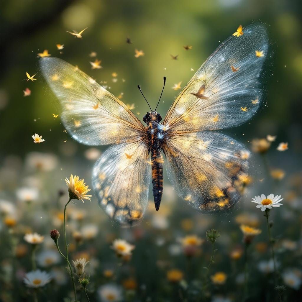 Double exposure of  a silhouette of a butterfly flying Double exposure flower meadows and dragonfly and ...  by @HarrietM