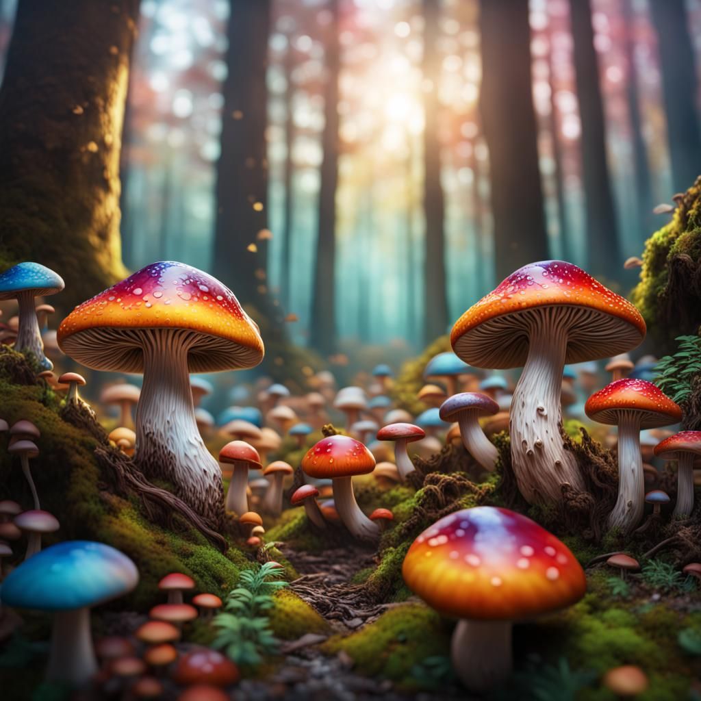 A forest covered in colourful mushrooms that look like glass
