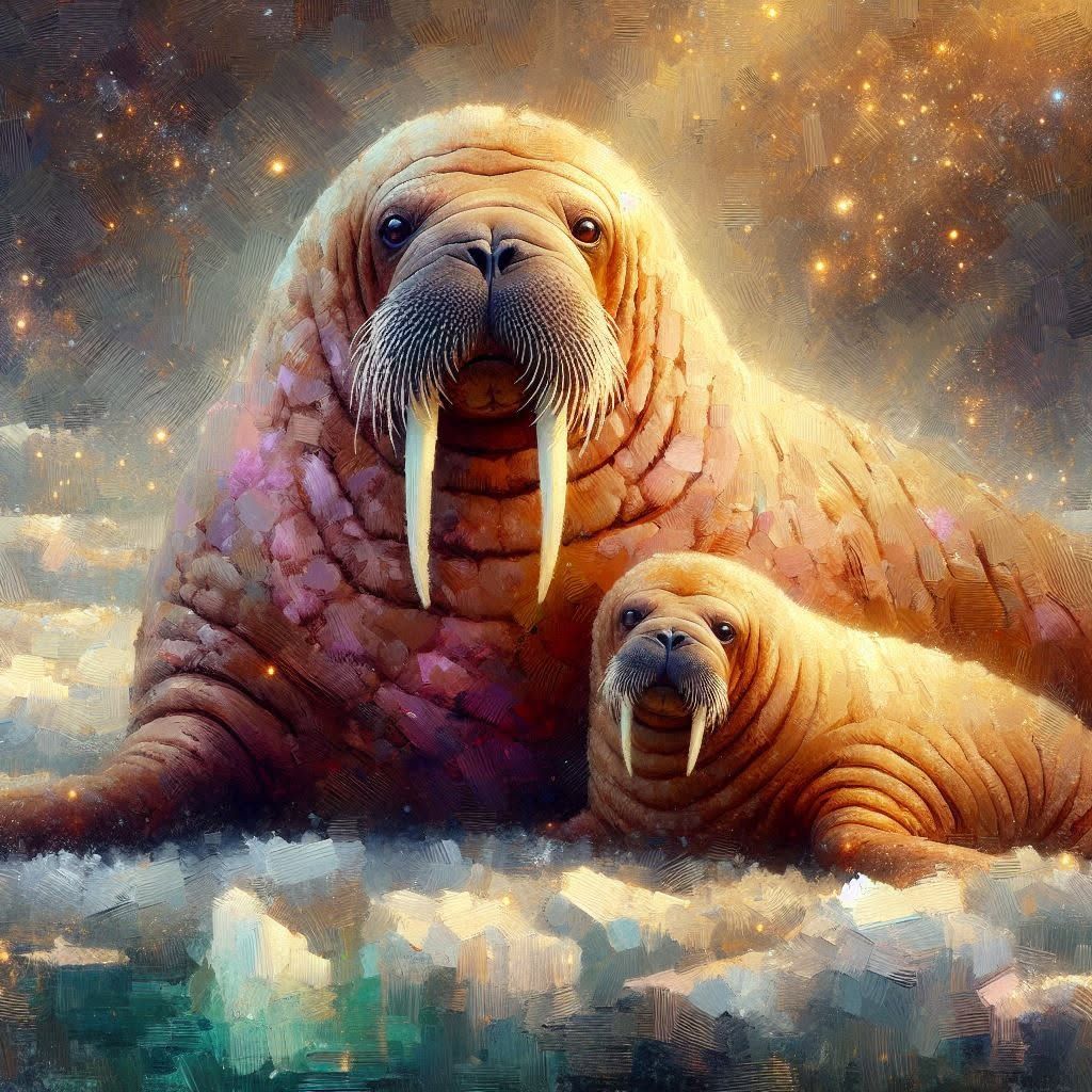 Walrus mom and calf in expressionistic style
