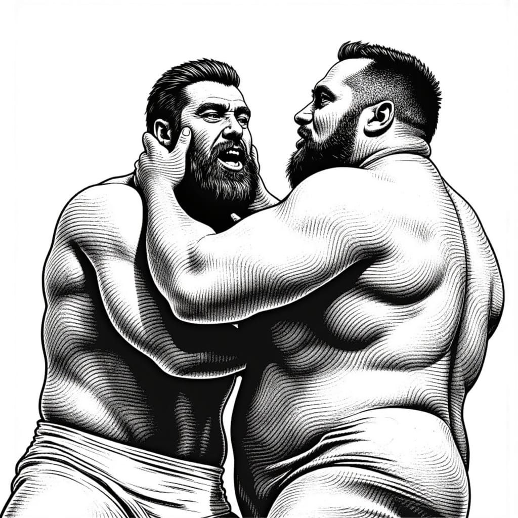 close up of two big muscular men one with beard engaged in a wrestling match line art line drawing cross hatch pan and ink etching <lora:Cro...