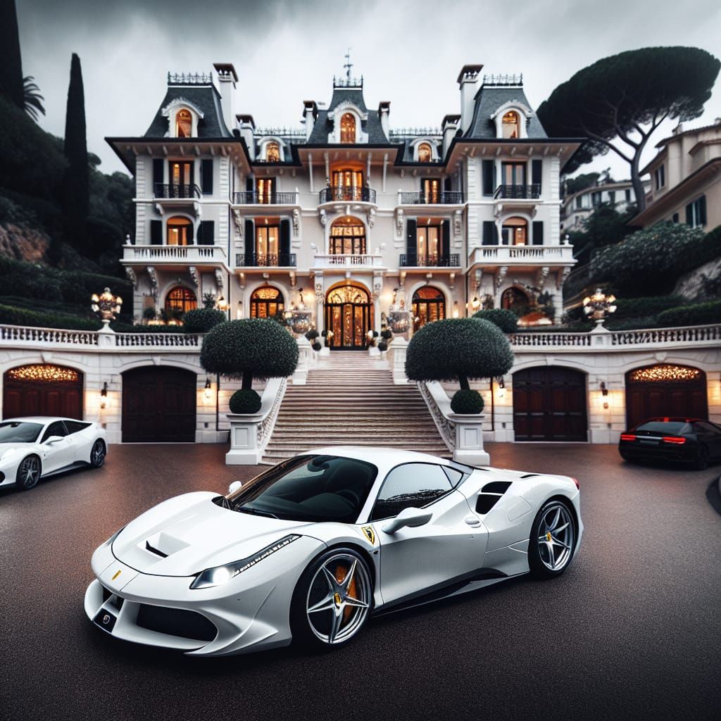 White Ferrari Parked Before Ultra-Luxurious Mansion