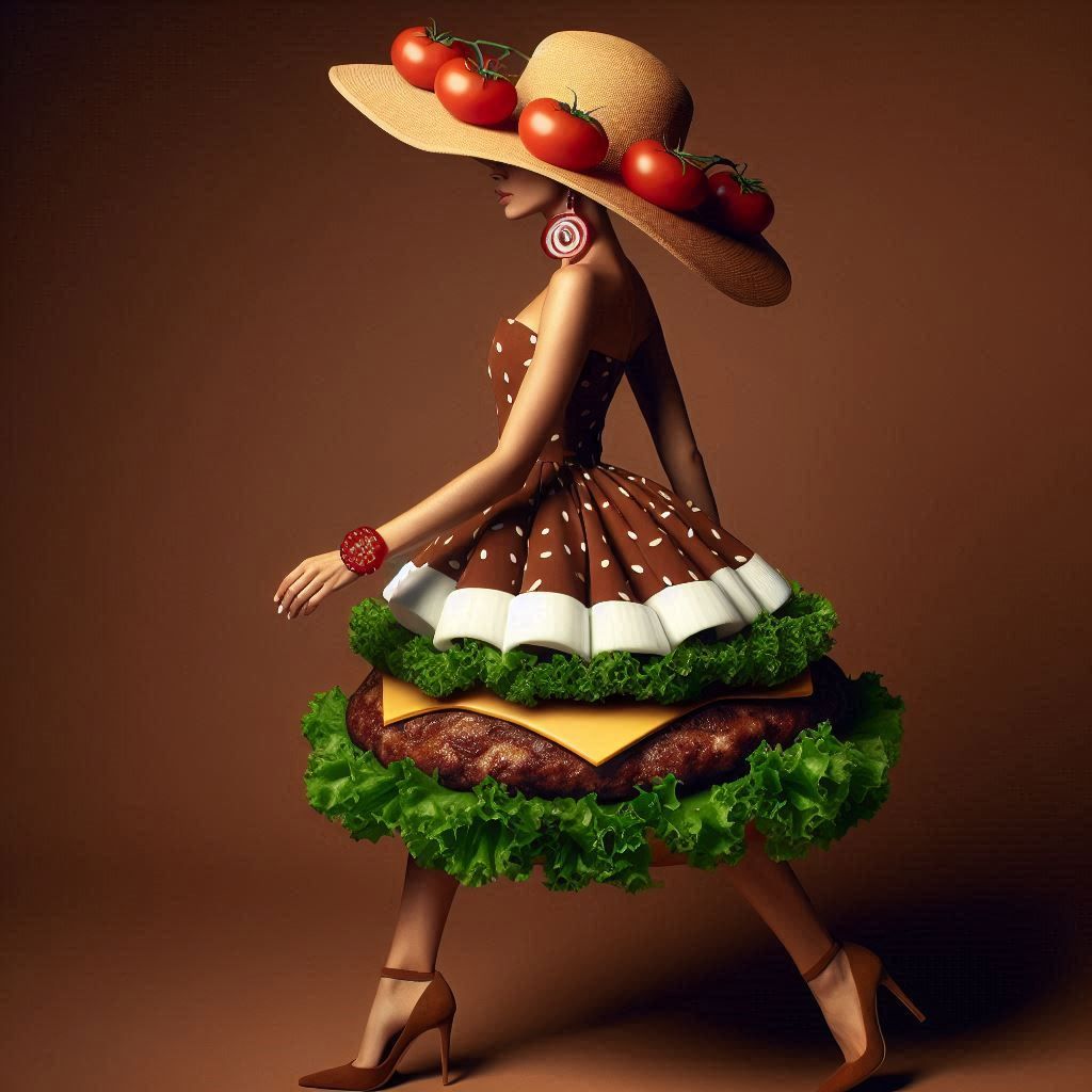 Woman wearing surreal hamburger dress