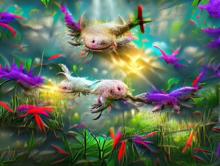 Superb flying axolotls, miraculous in their dream weaving. #film 8k resolution 8K 3D beautiful colourful CryEngine detai...