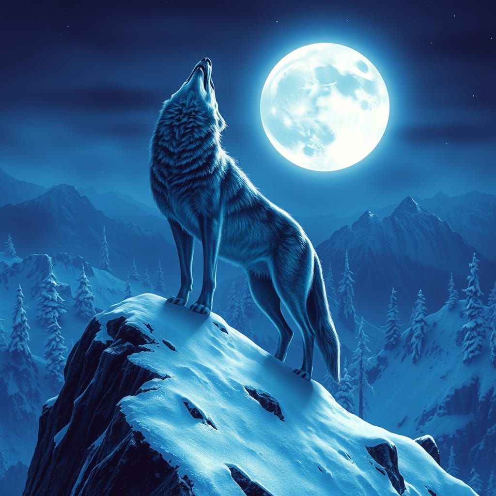 imagine a lone wolf standing atop a snow-covered mountain peak, howling at the full moon. The wolf's fur is a deep, shimmering blue, reflect...