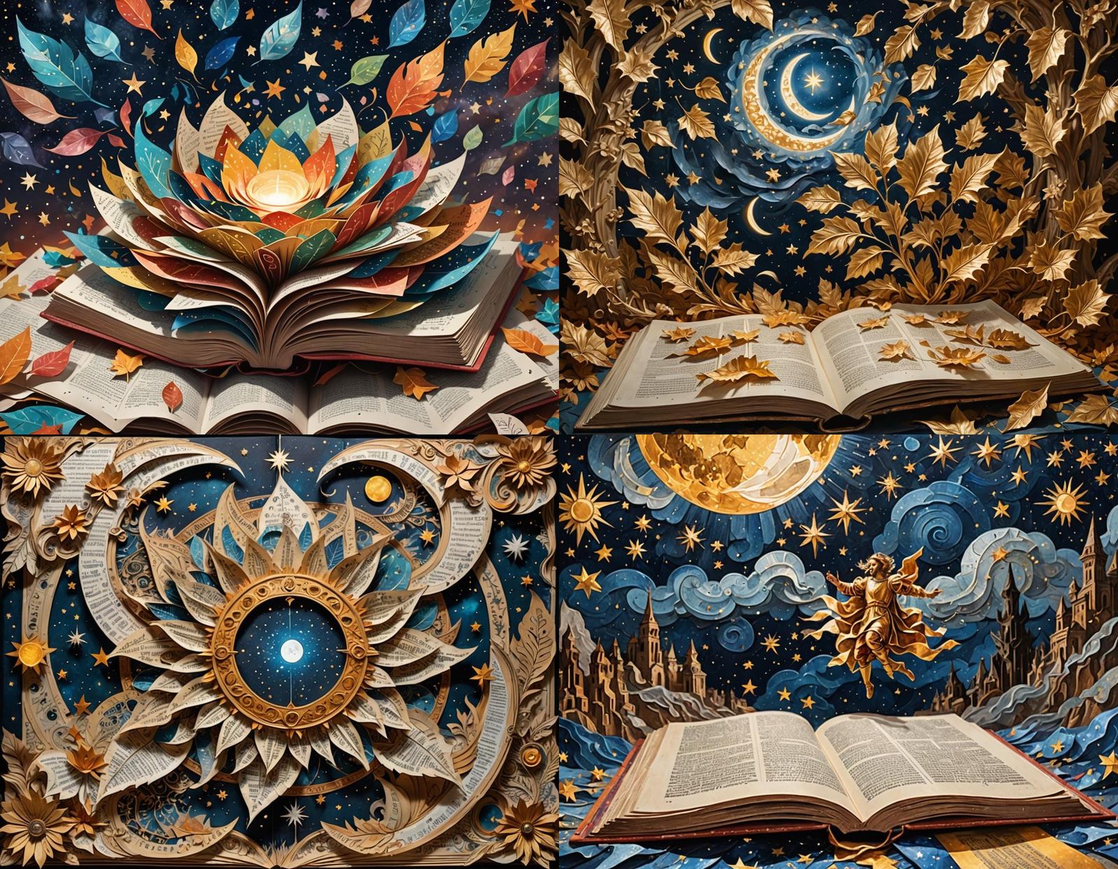 A triadic colorful collage of layered paper leaves in differ...