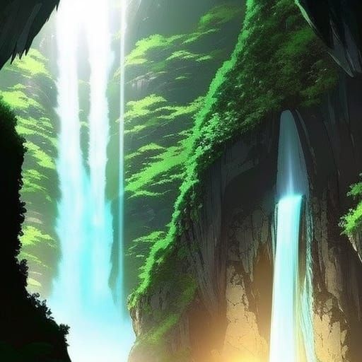 Anime waterfall with cave