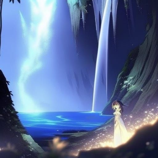 Anime waterfall with cave