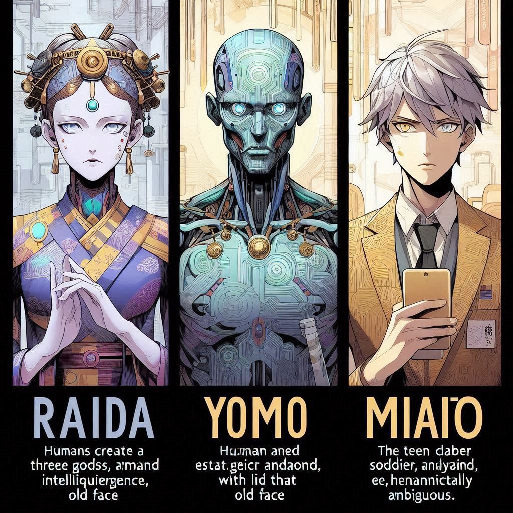 in anime, humans create three gods, Raida, an android woman ...