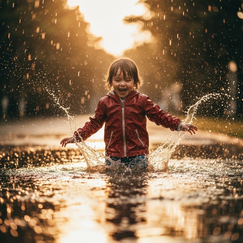 Child Splashing in Puddles at Sunset