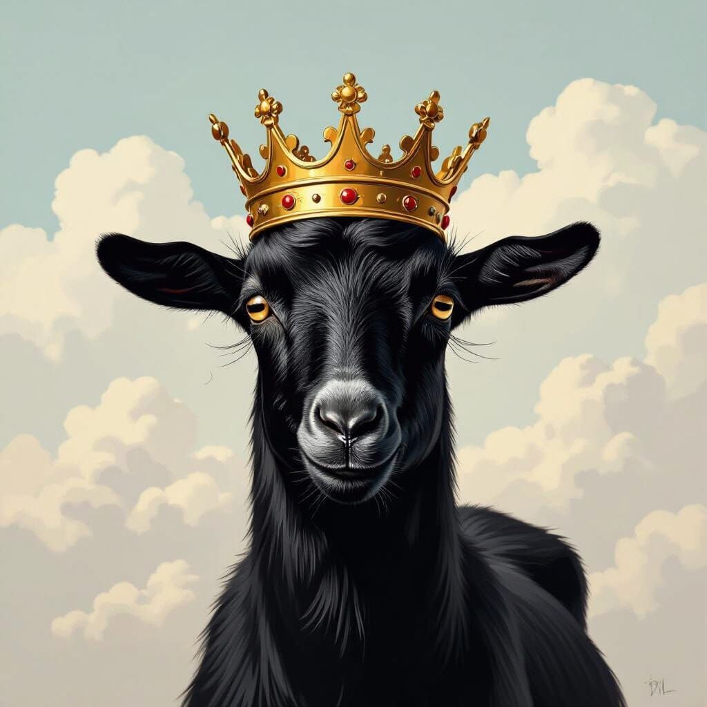 "Minimalist vector logo of a black goat wearing a gold crown, centered on a white background with soft clouds. Modern and clean style, sharp...