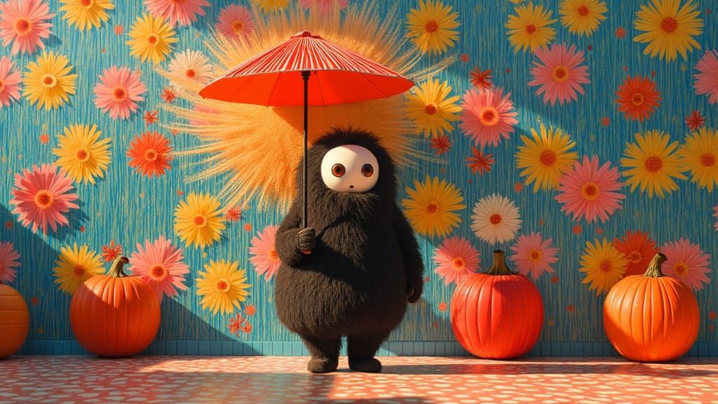 <lora:Somniorum:0.5>high resolutions minimalistic shot of a museum of art mural wall covered in vibrant colors, magical furry daruma with hu...