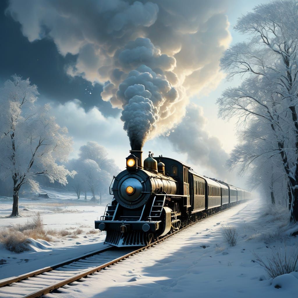 רכבת קיטור ברקע יער מושלג  by @The Algorist