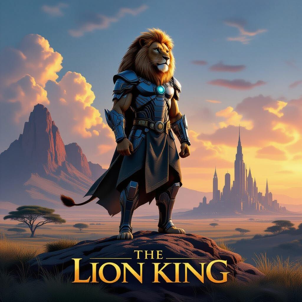A reimagined movie poster for 'The Lion King'. Simba, reimagined as a powerful, cybernetically enhanced warrior chieftain, stands atop Pride...