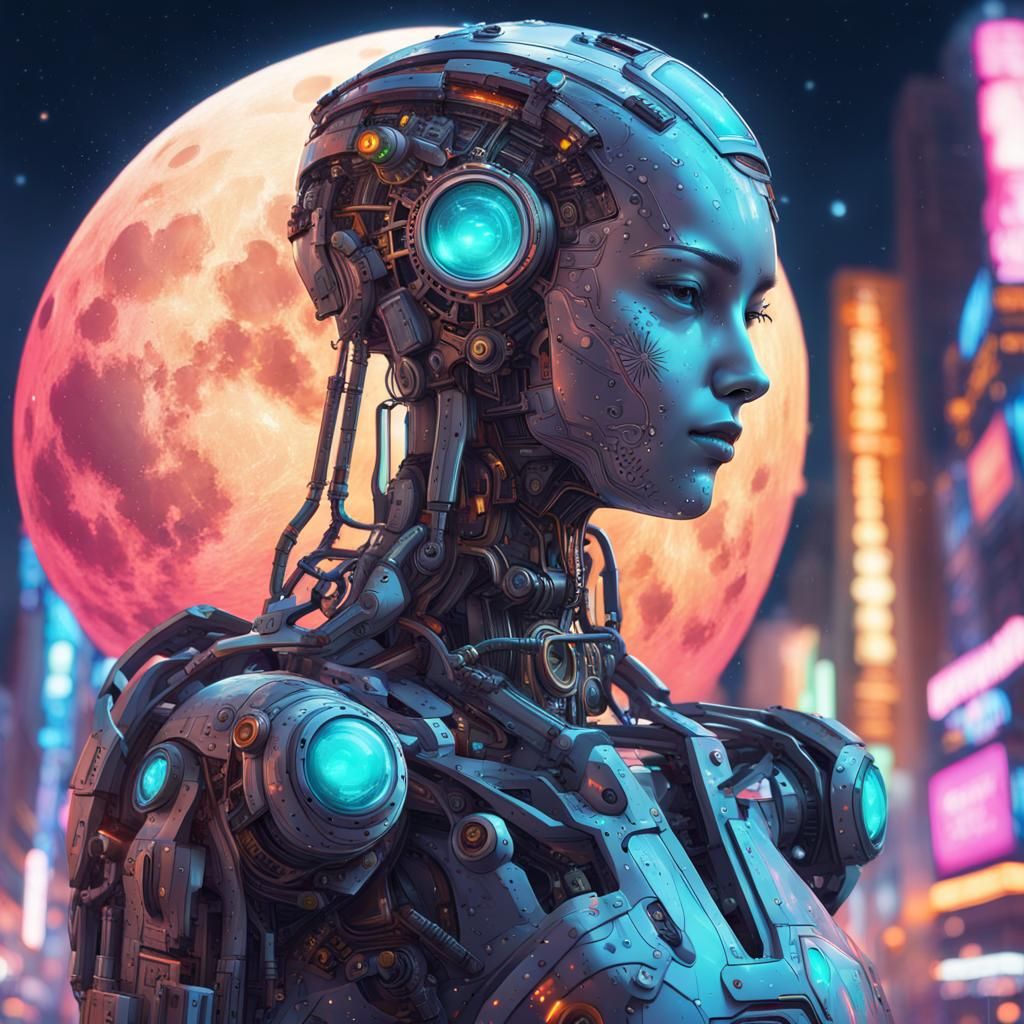 Half robot half beautiful human, in a futuristic city - AI Generated ...