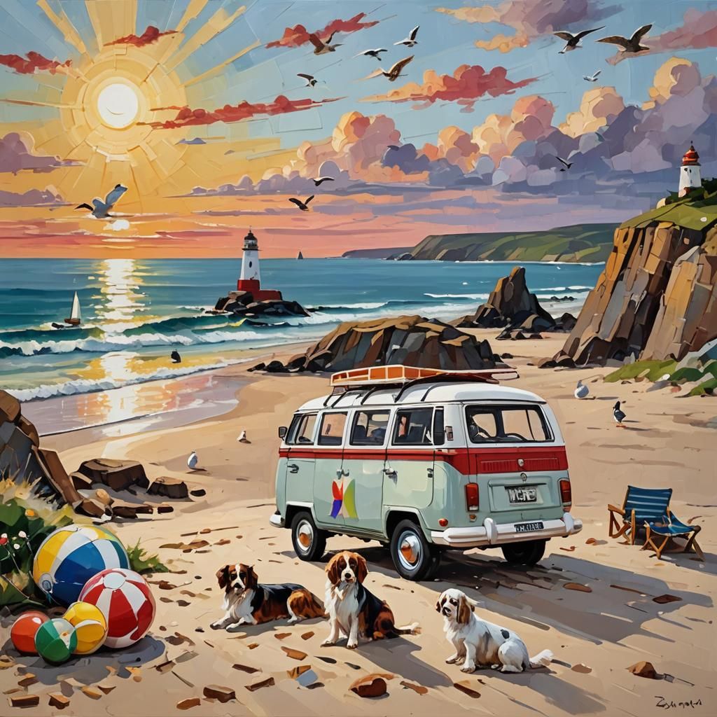 "Bold impasto brush strokes post impressionist style painting depicting a 1960's VW Camper van on a sandy beach with a spectacular sun rise...