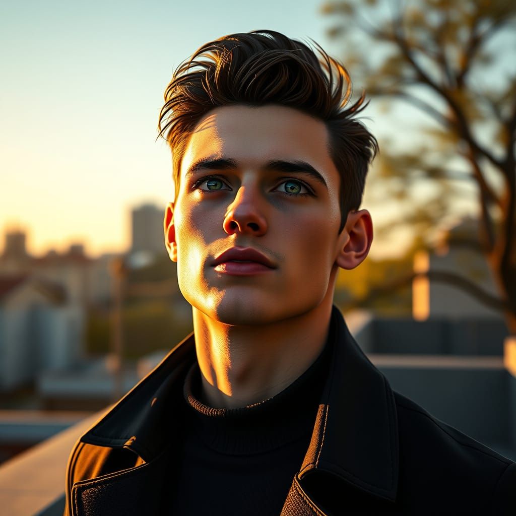 Confident Young Man with Piercing Green Eyes