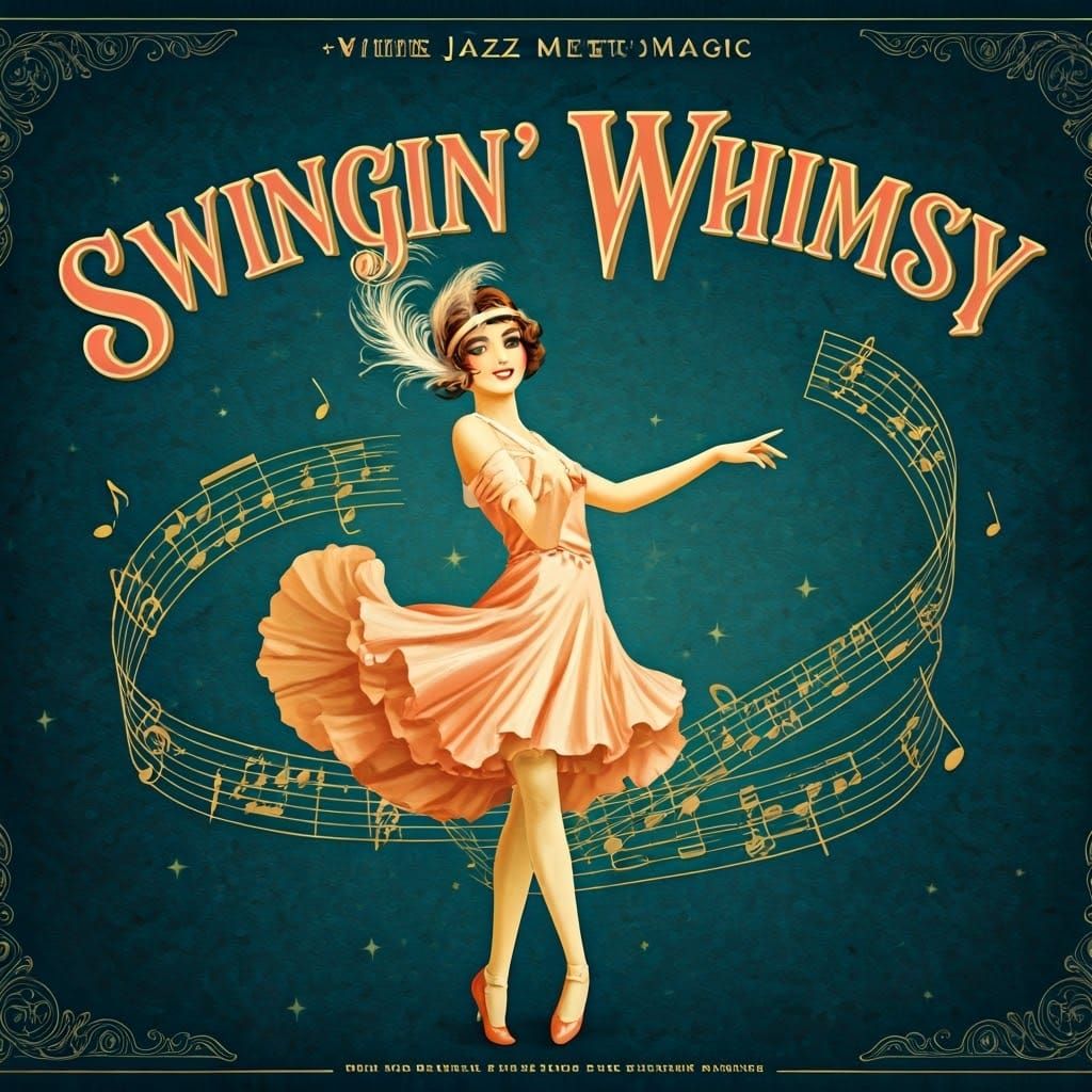 whimsical jazz album cover with playful illustrations, elegant typography, musical notes in the background, ...  by @1ENIGMA