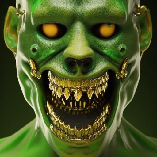 "Headshot of a Zombie smiling with gold teeth", pale green c...