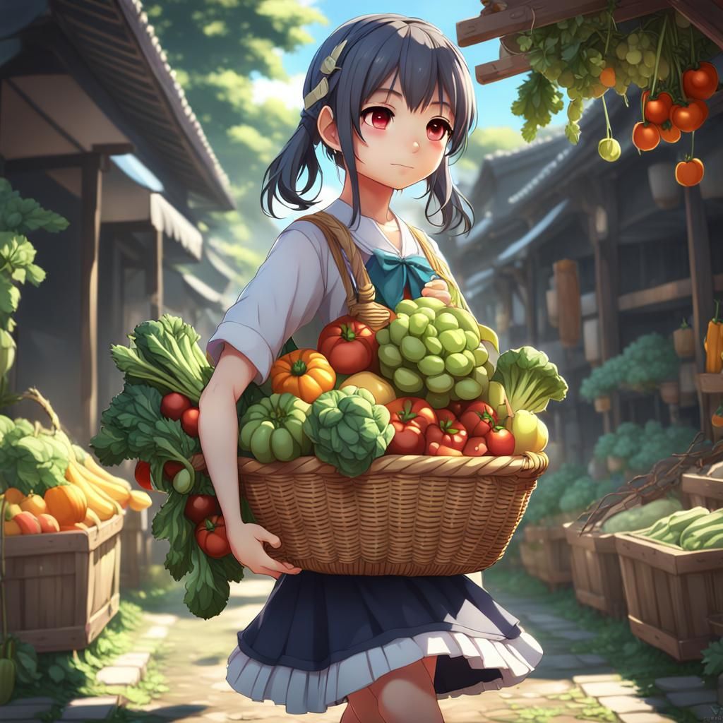 Chibi Girl with Fruit Basket in Anime Style