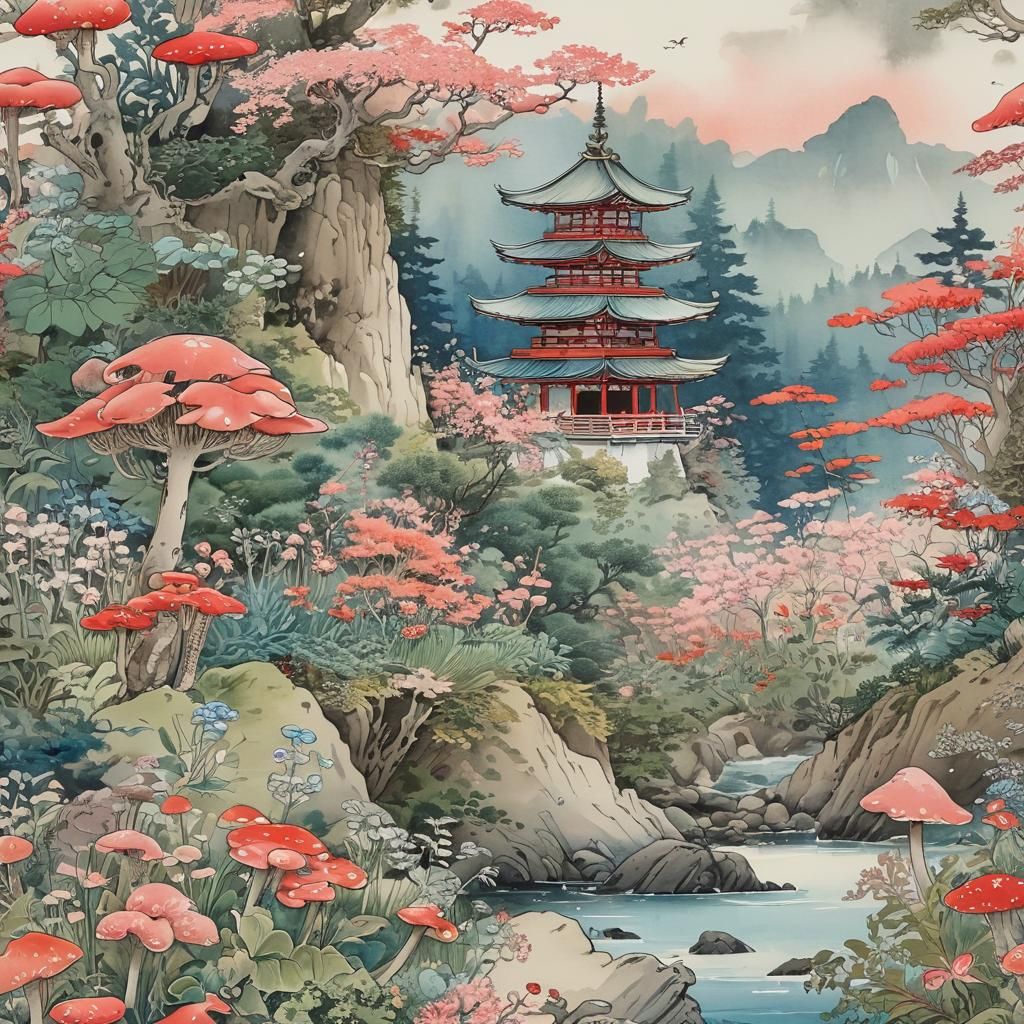 Ukiyo-e Mountainous Beach Scene in Flowerpunk Style