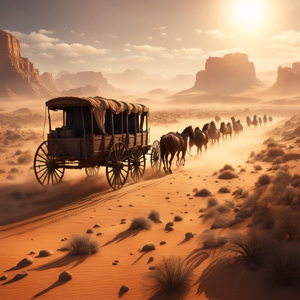 Dry dusty hot Western desert a wagon train goes toward the s...