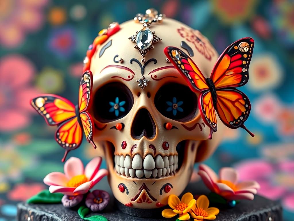Colorful Claymation Skull and Butterflies with Diamonds