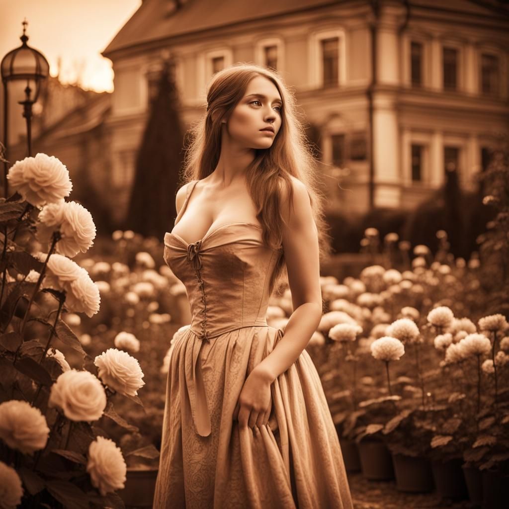 picture from 19 century, sepia color, open breasty girl in m...