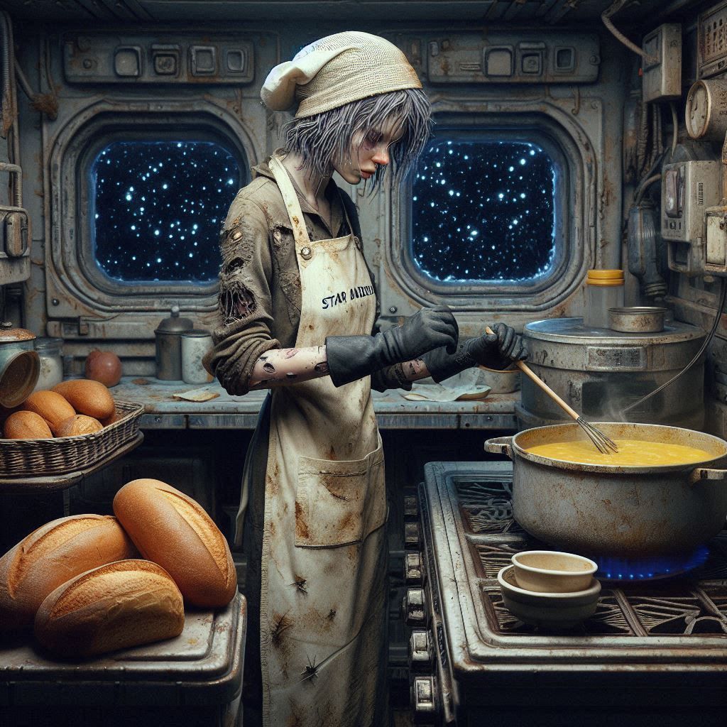 Ships's cook making dinner consisting mainly of bread and so...