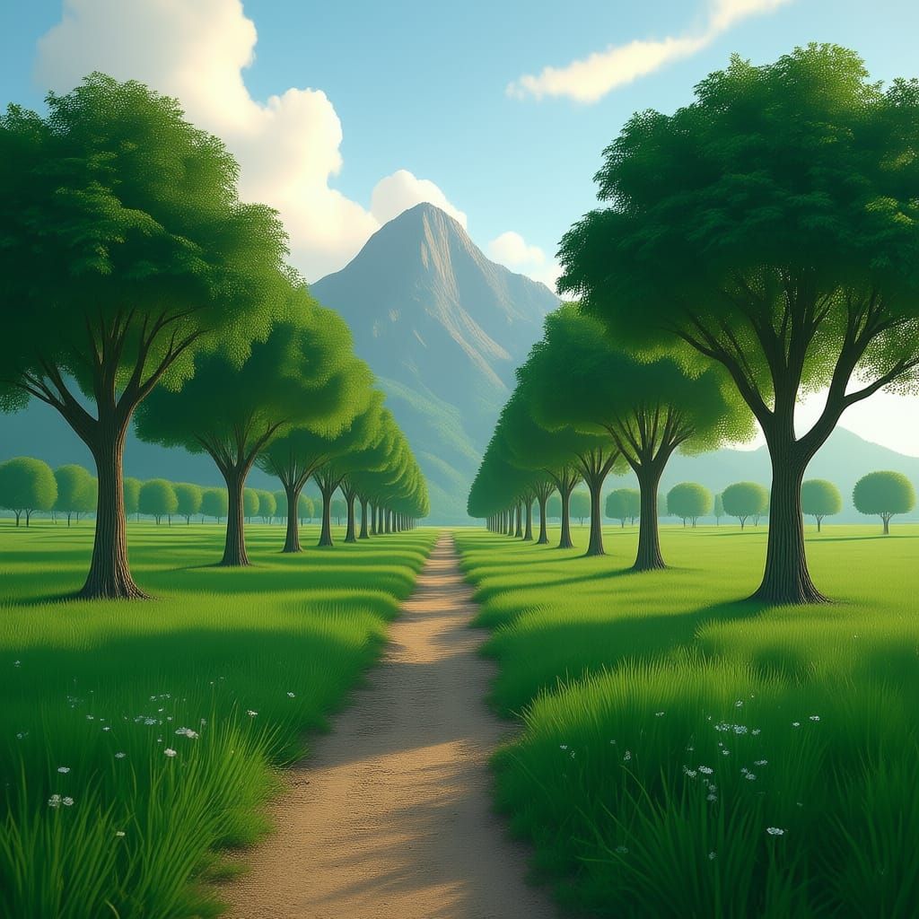 Green trees aligned in a large plain
