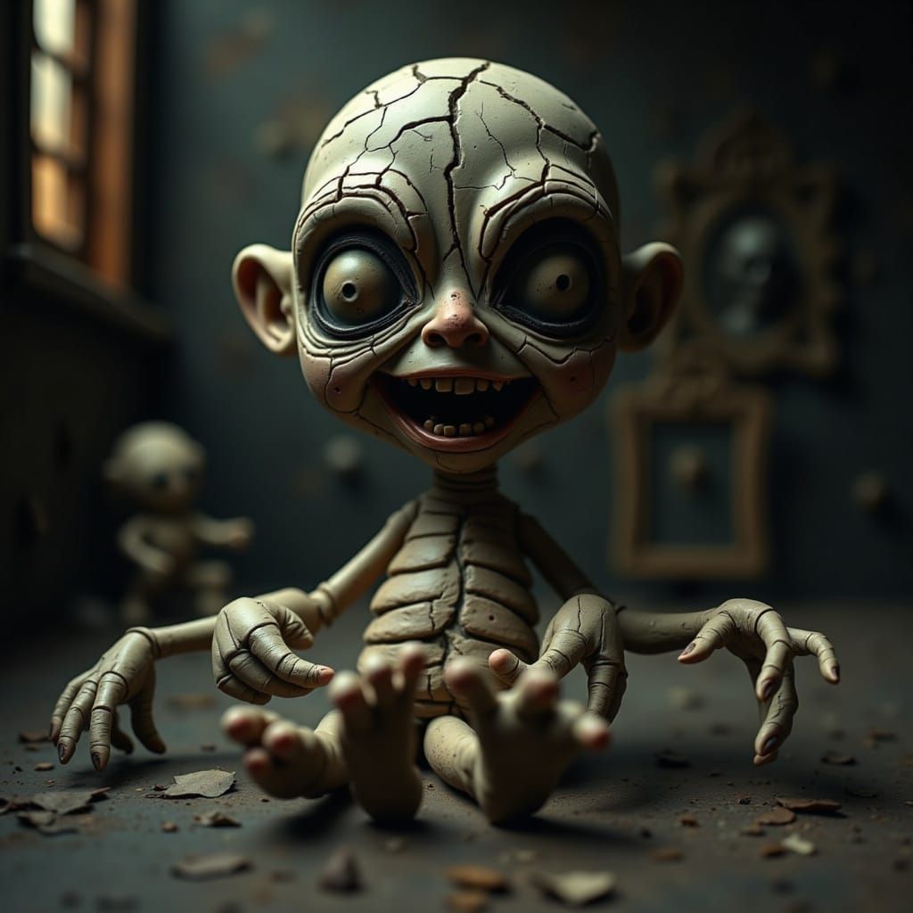 A grotesque, handcrafted clay puppet with cracked, uneven textures. Hollow eyes, jagged limbs, eerie stop-motion lighting, unsettling surrea...