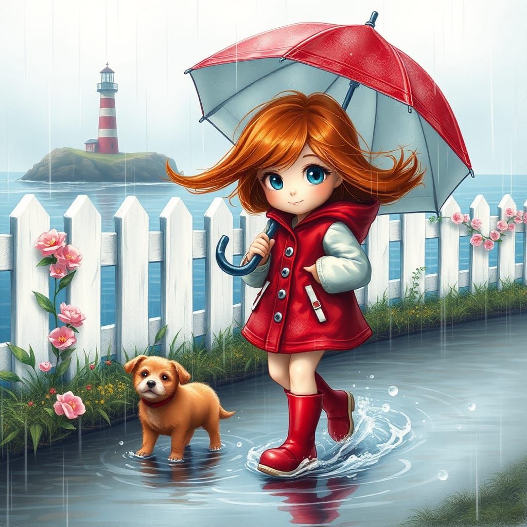 beautiful little  girl with beautiful eyes and  red hair that blows in the wind, red and white raincoat, red and white b...
