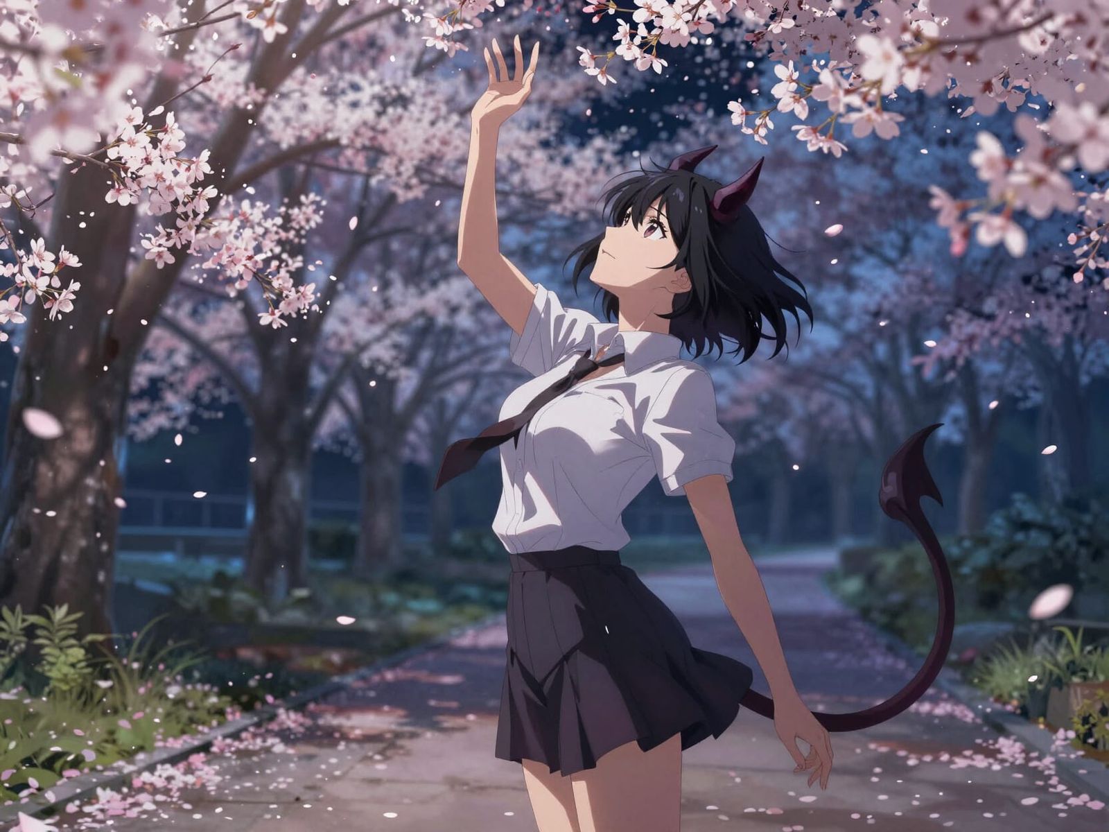 Anime Demon Woman in Sakura Park at Night