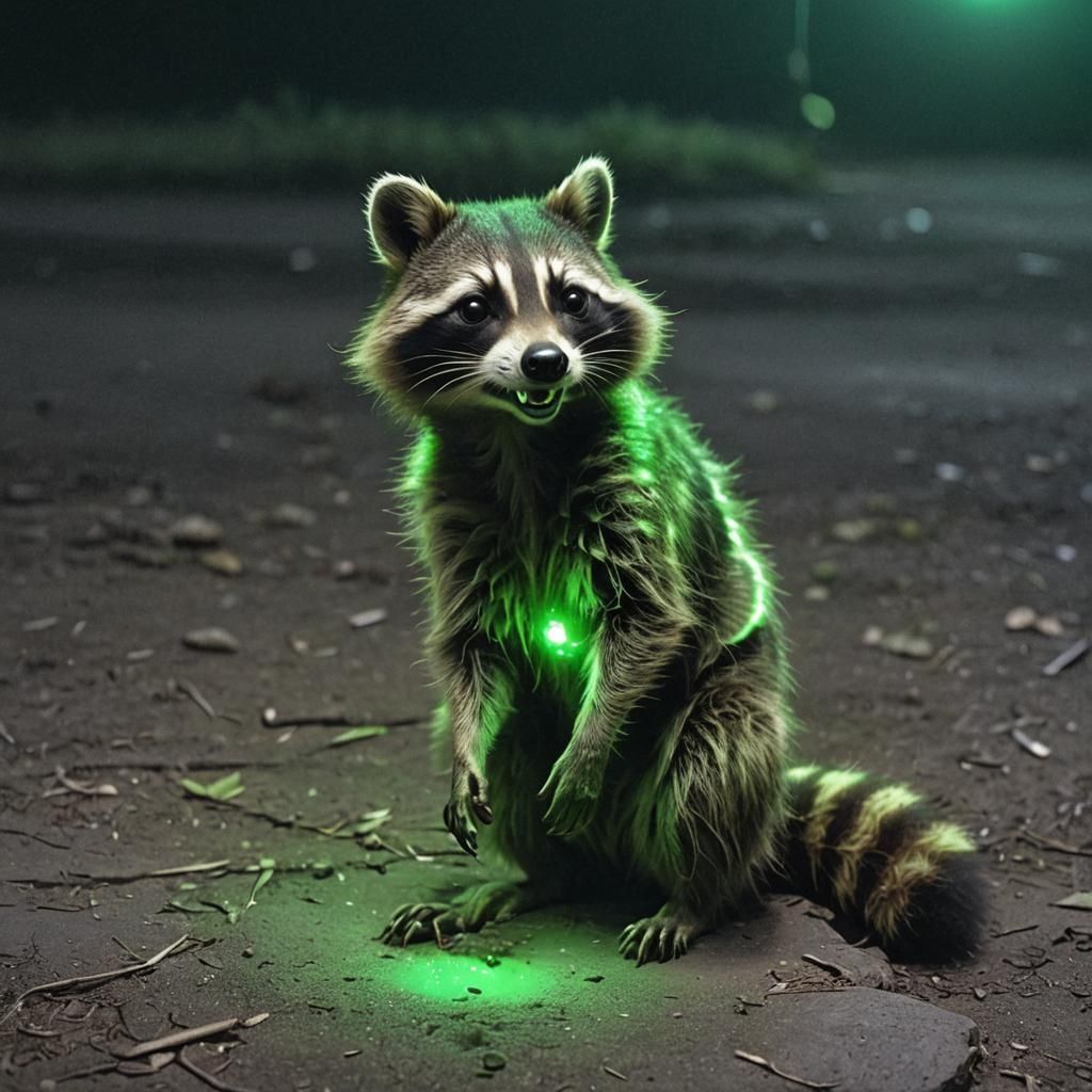 An alien racoon that is glowing green at night