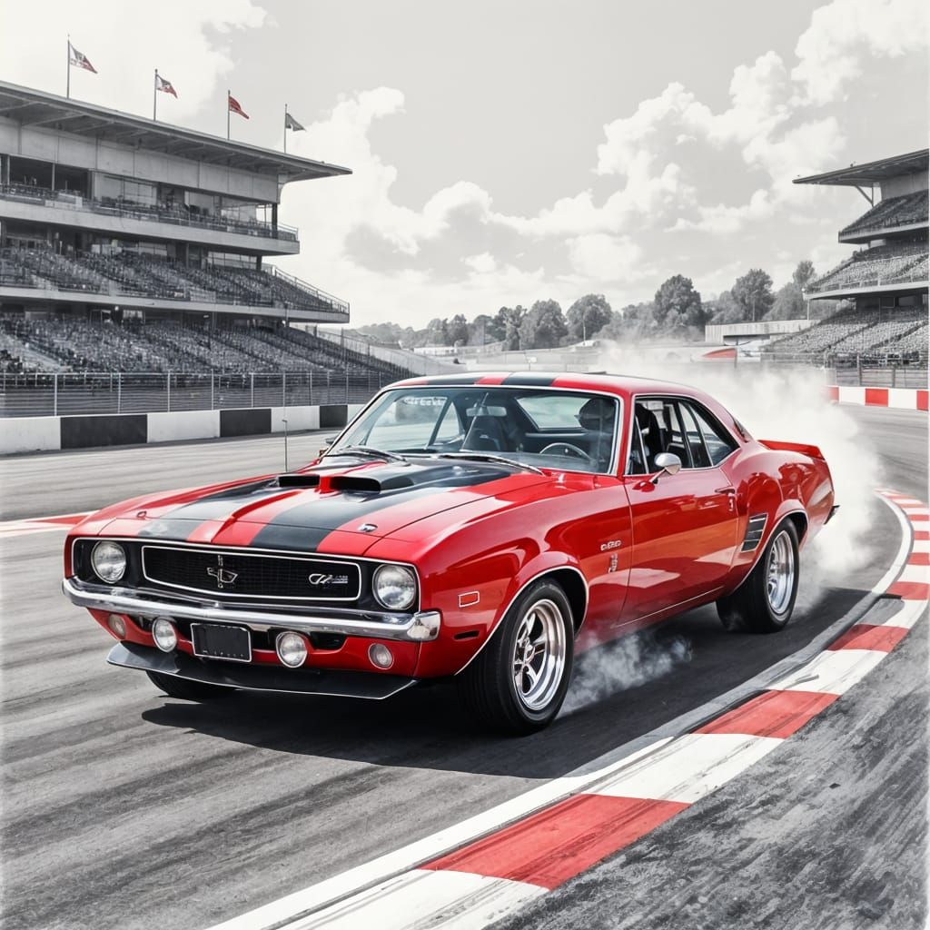 A red and silver muscle car races around a track. hyperdetailed charcoal drawing  by @MiTh93