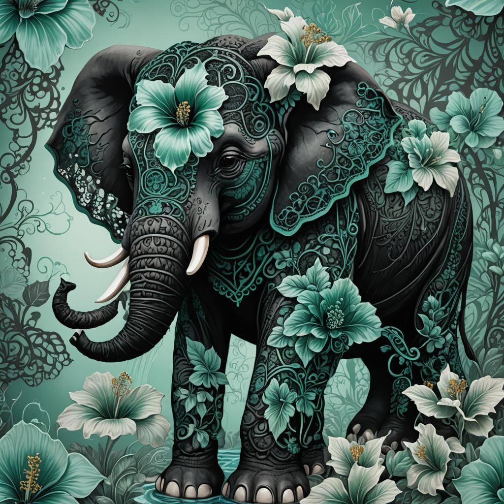 waterfall iridecent aqua green black mint lace hibiscus land...
