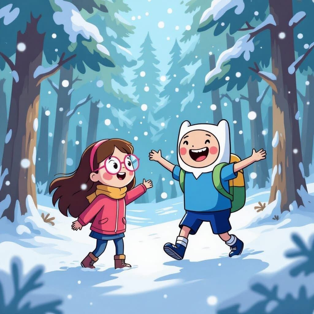 Finn from Adventure time playing in the snow with a girl!