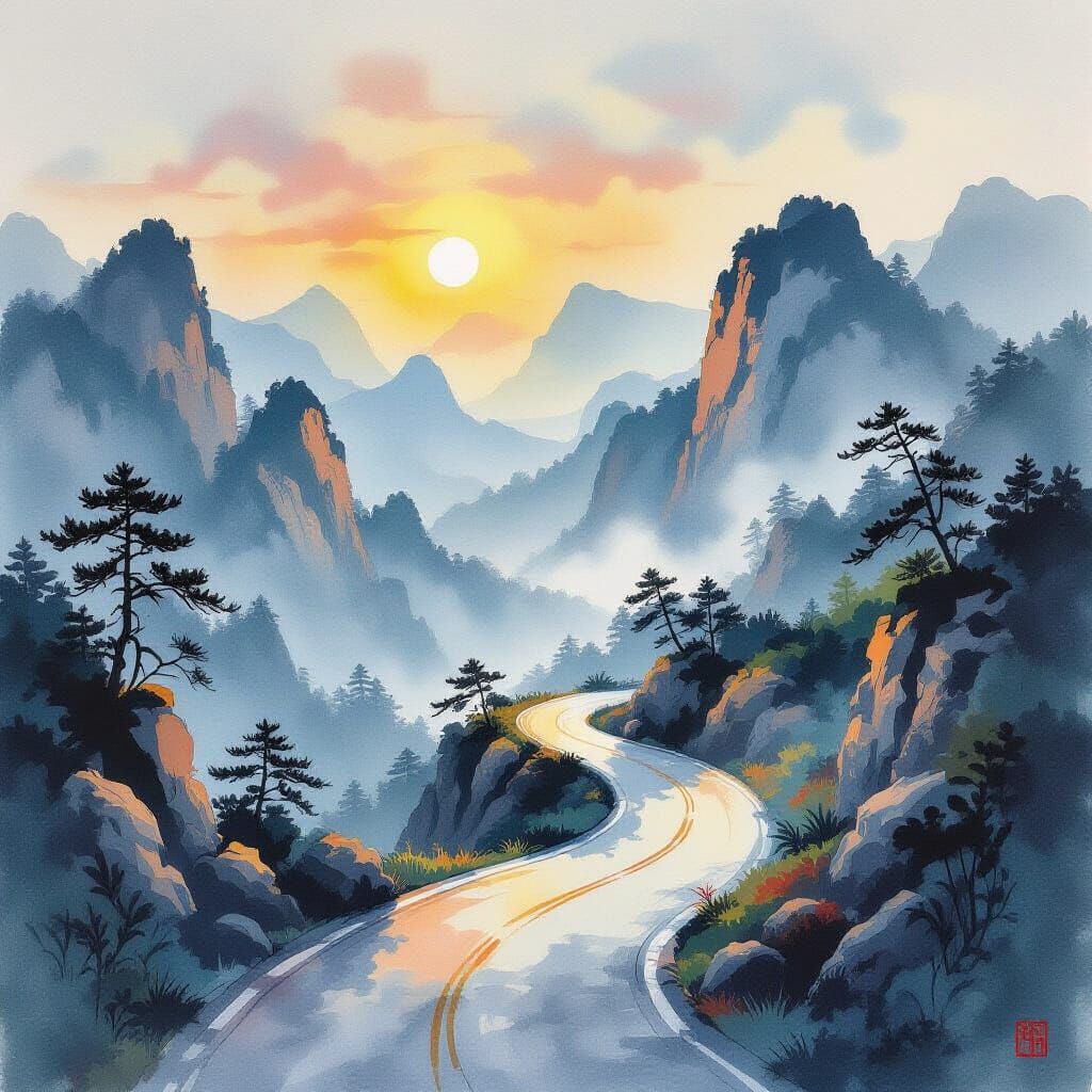 Winding Mountain Road in Ink Wash Style