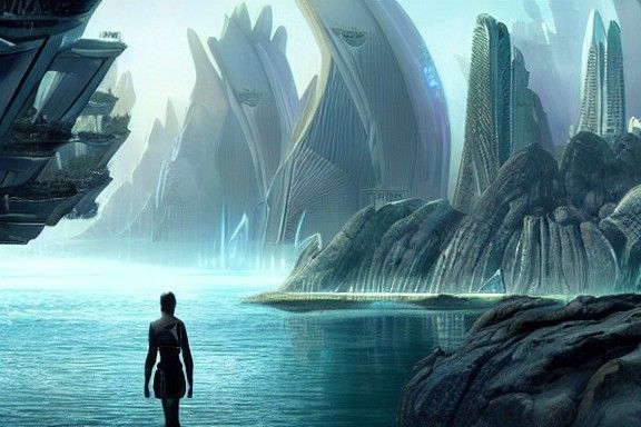 a futuristic city surrounded by water and rocks, a detailed ...
