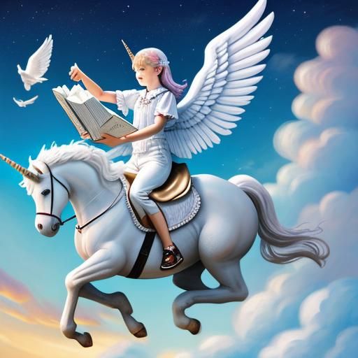 Angel riding on a unicorn reading a book