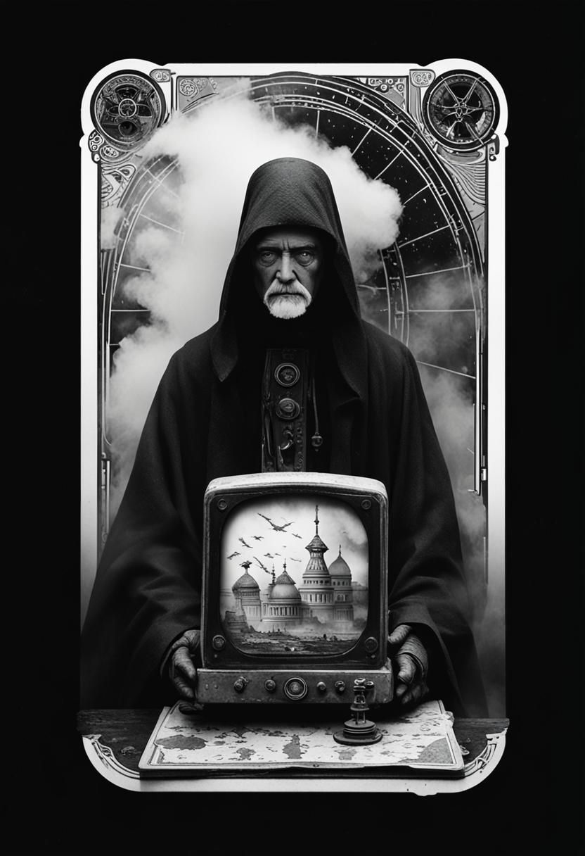 black and white photography. fog. smoke. old fashioned tarot...
