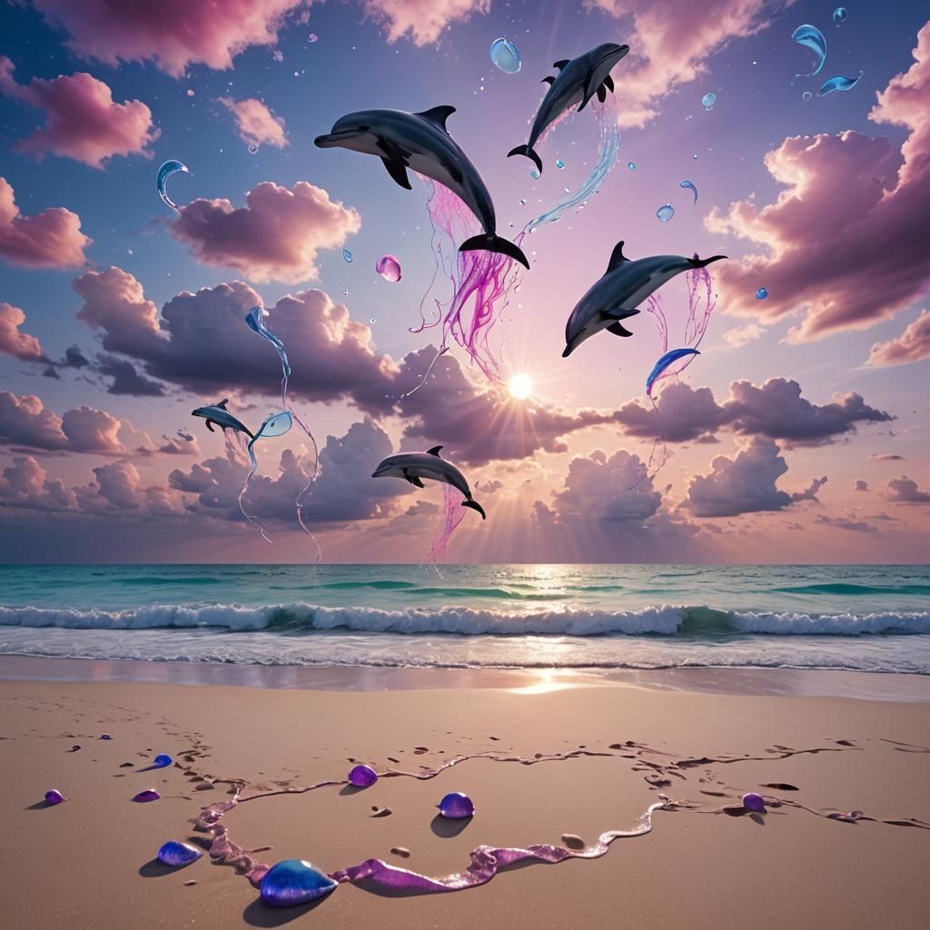 A asthetic beach with dolphins and jelly fish. Purple pink a...