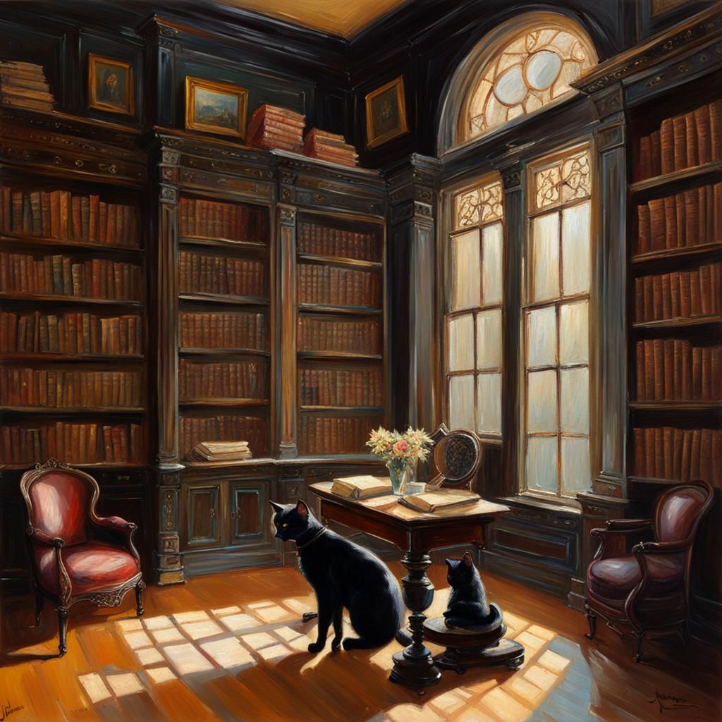 victorian library black cat books bookshelves old elegant su...