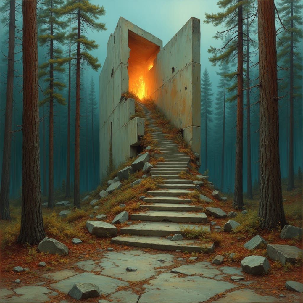 <lora:Brutalist Wilderness:1.0> Oil painting of a stark brutalist monument surrounded by ash-covered pine trees in the style of Zdzisław Be...