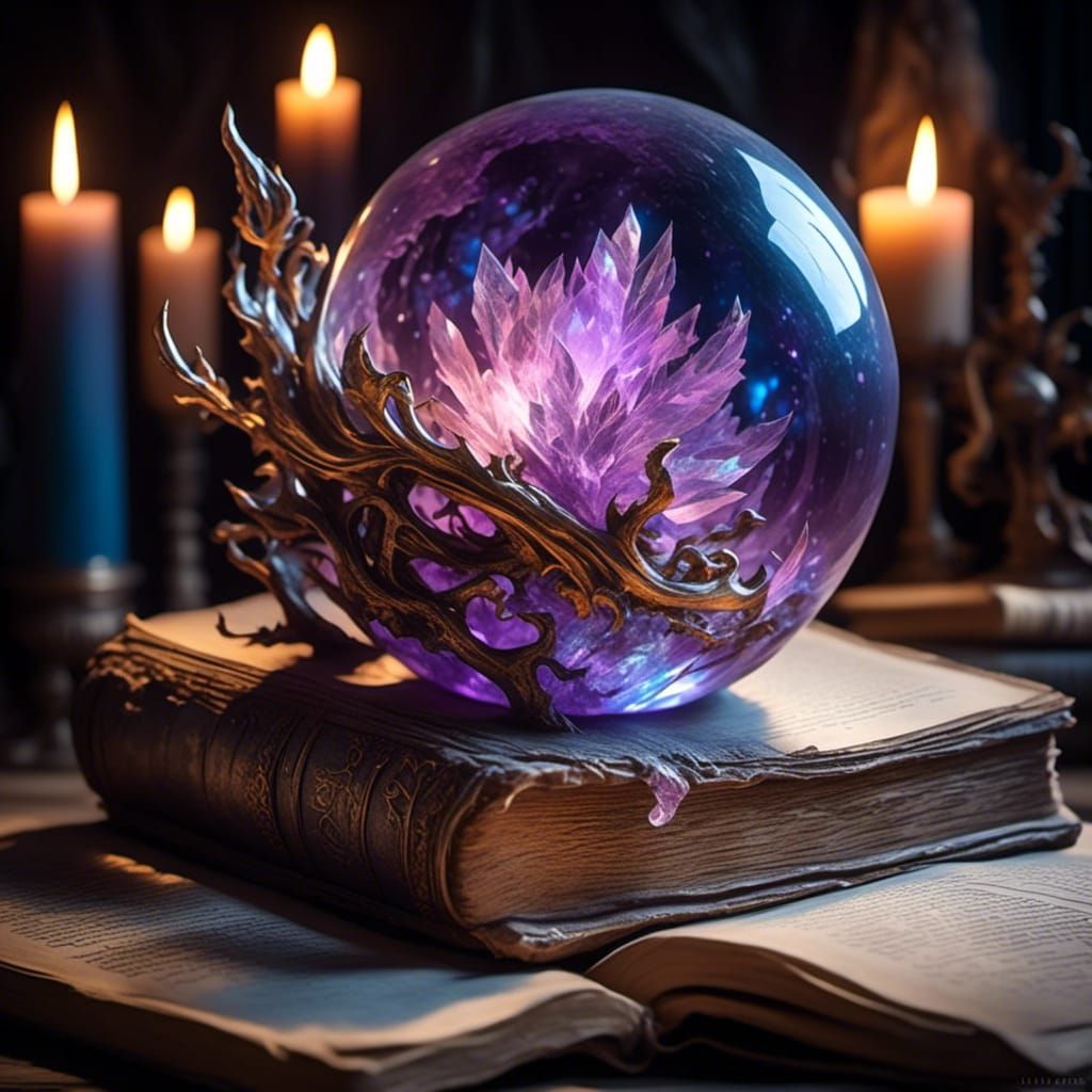  <lora:Transiosin:1.0> A glowing crystal orb resting on a weathered book