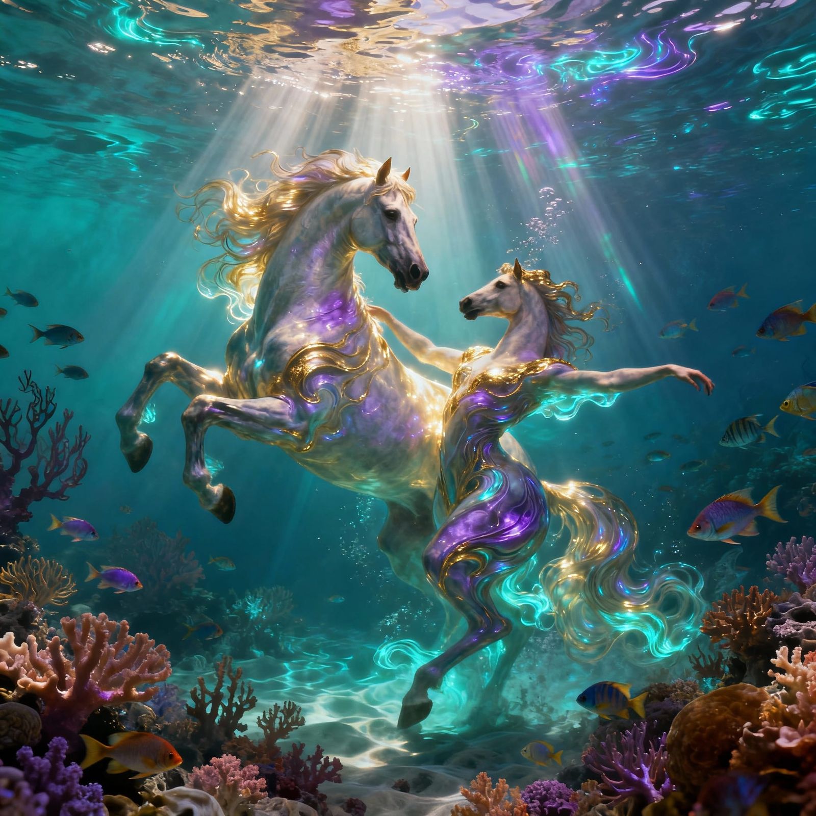 Majestic Stallions Dance in Shimmering Surreal Sea