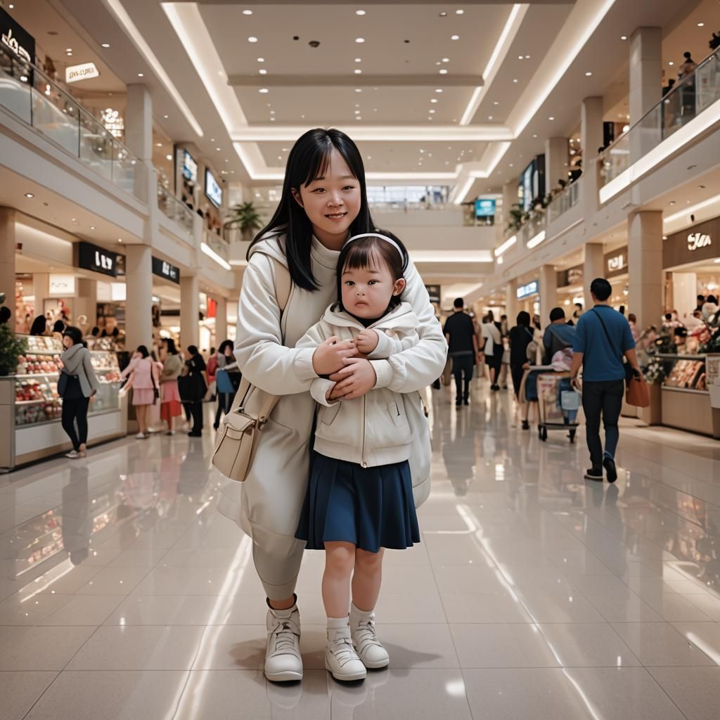 Baby with down syndrome in a mall with her mom