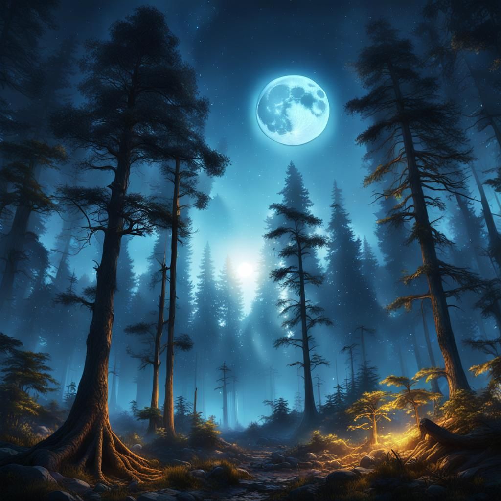 Mystical Forest Bathed in Moonlight