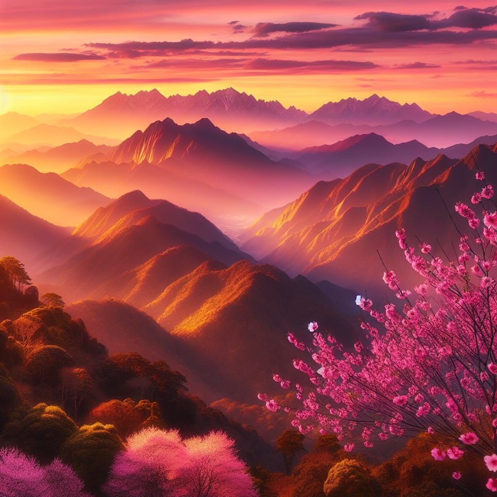 Romantic Mountain Sunset with Blooming Cherry Blossoms