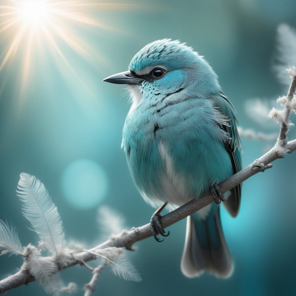 A delicate, ethereal turquoise bird with silver feathers sits beautifully on a branch. The bird's eyes ...  by @Elviira 