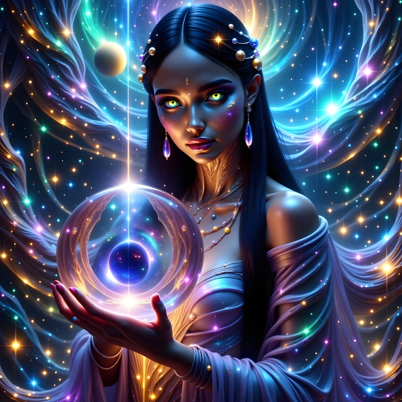 Enchanting Cosmic Goddess with Double Exposure Sphere